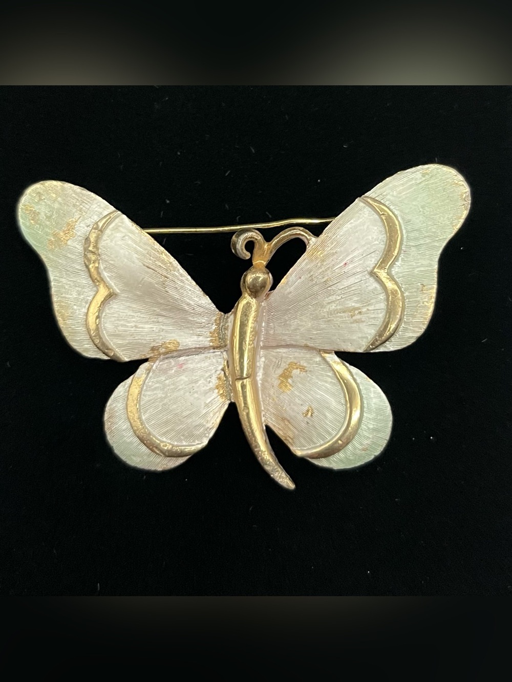 Vintage Pastelli Signed Pearlescent White & Gold Enamel Butterfly Brooch Pin